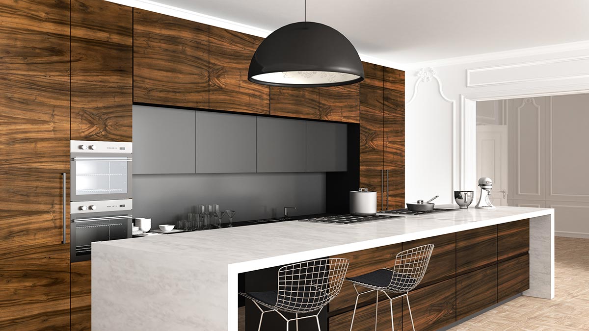 Idee cucine con isola bianche e legno.