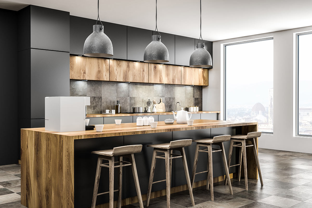 Bellissima cucina nera e legno con isola, ideale in uno stile moderno.