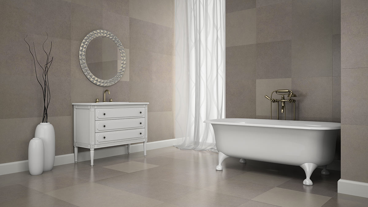 idea bagno con rivestimento piastrelle tortora e mobili bianchi