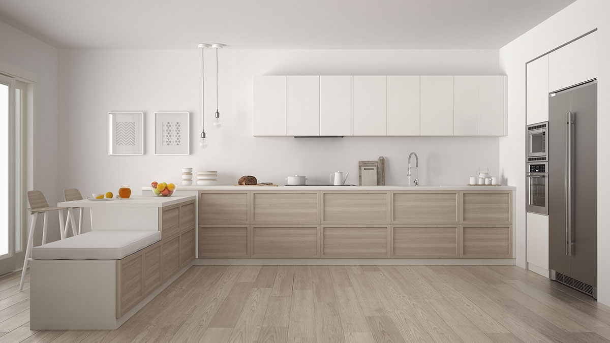 Grande cucina angolare con rivestimento in parquet.