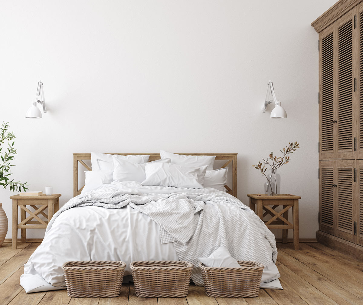 Camera da letto moderna stile rustico con arredamento in legno e parquet.