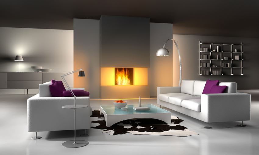 Salotto super moderno con camino, divani bianchi con cuscini rosa, tavolino design in vetro.