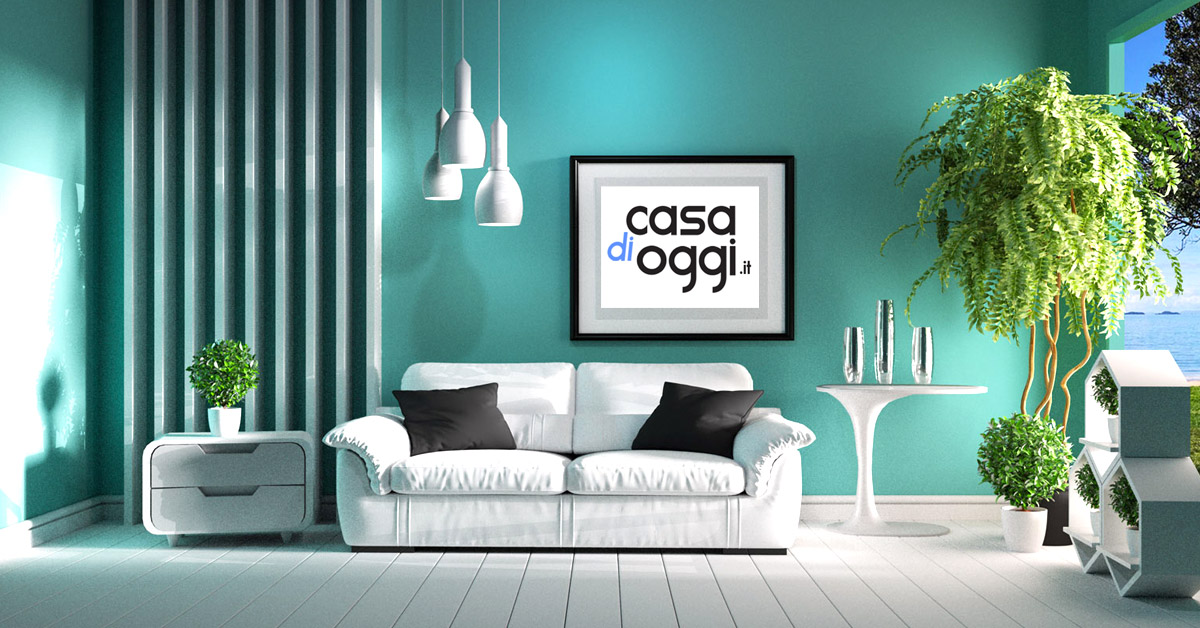 Soggiorno con parete colorata, arredamento stile minimal.