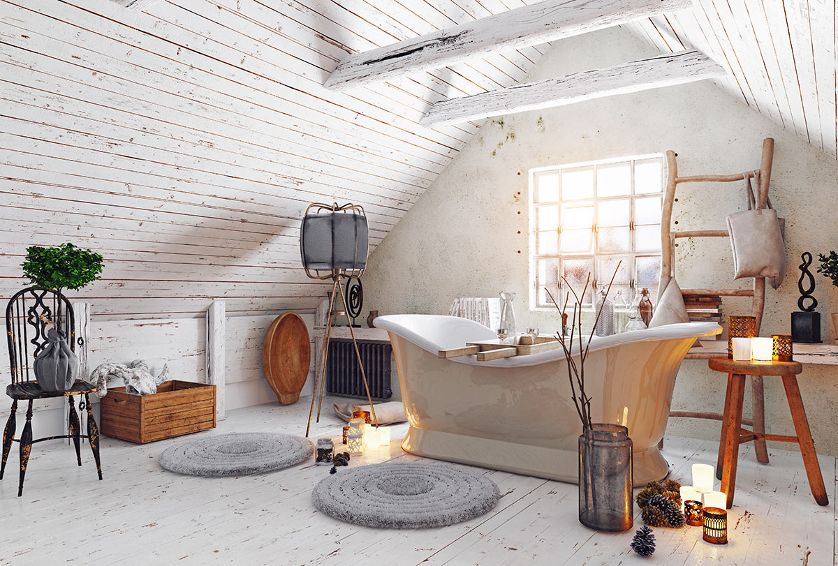 Bellissimo bagno in una mansarda con pareti in legno bianco, vasca beige.