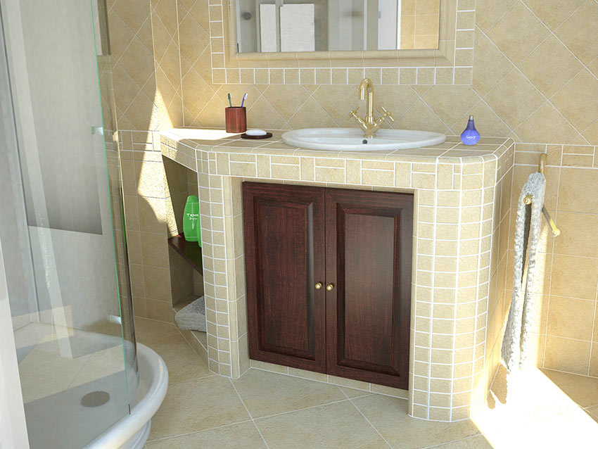 Mobile bagno in muratura con sportelli in legno.