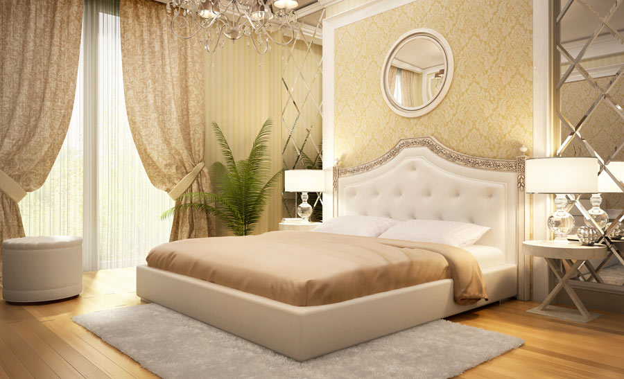 Camera da letto decorata con il color tortora, tappeto grigio.