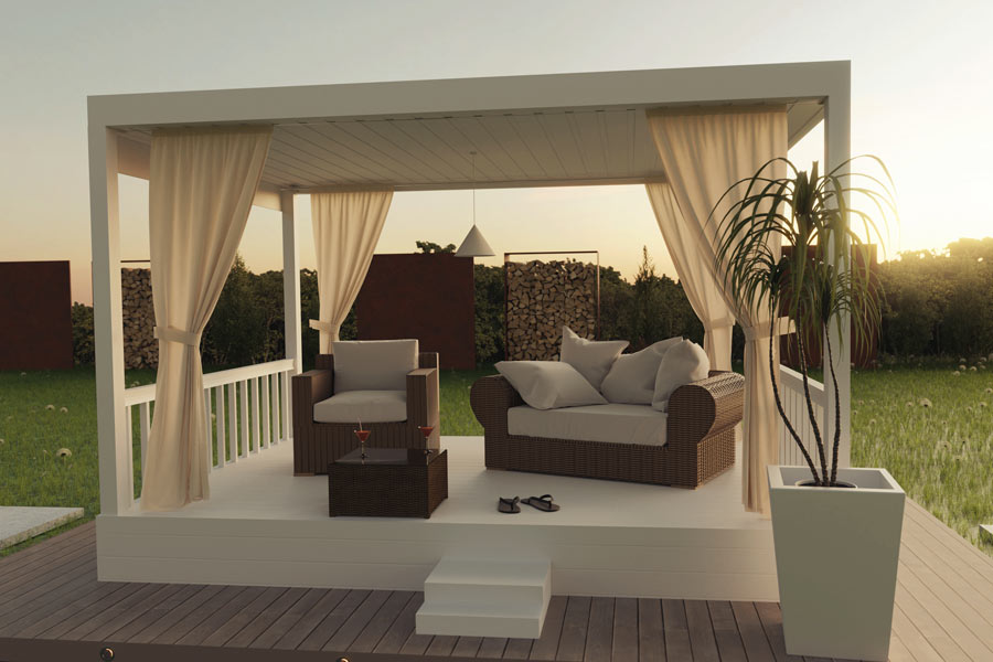 Gazebo bianco in legno con tende, pavimento rialzato e bellissimo salotto da giardino