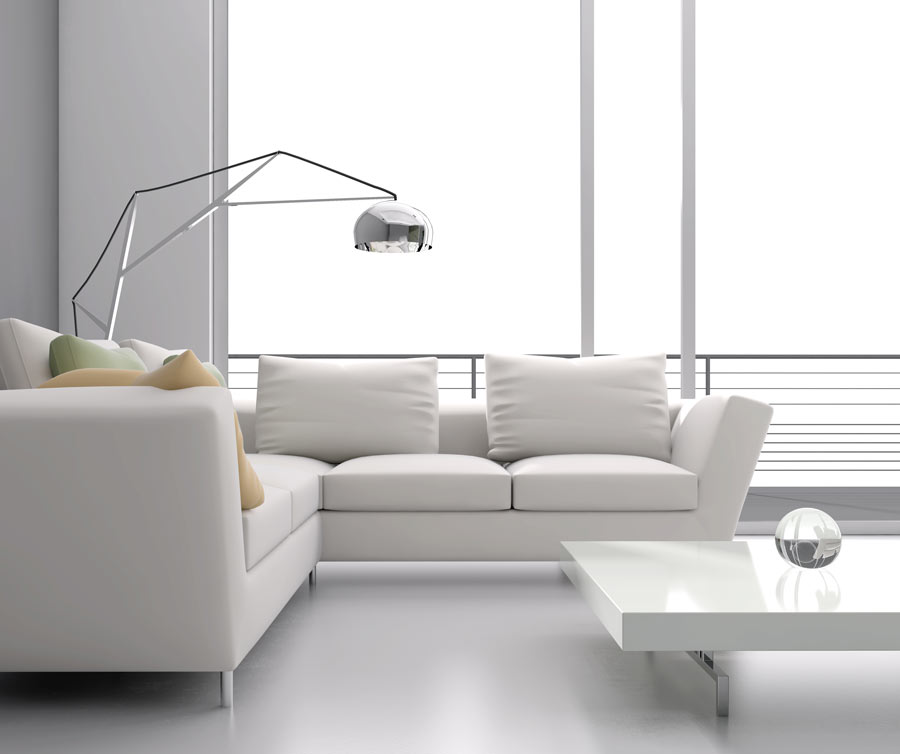 Soggiorno moderno bianco con pavimento in PVC.