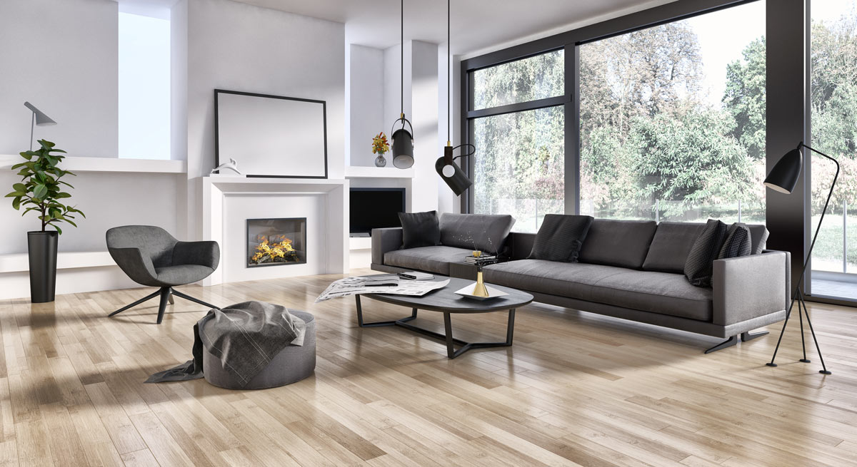 Bellissimo soggiorno moderno con pavimento parquet.