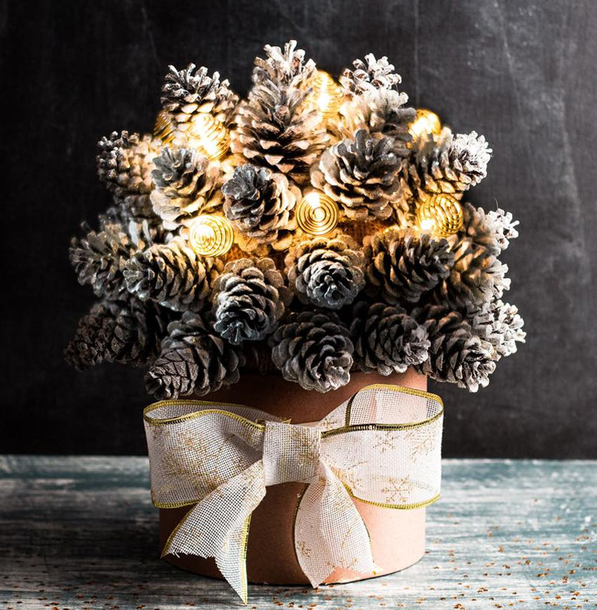 bouquet con pigne e luci decorative