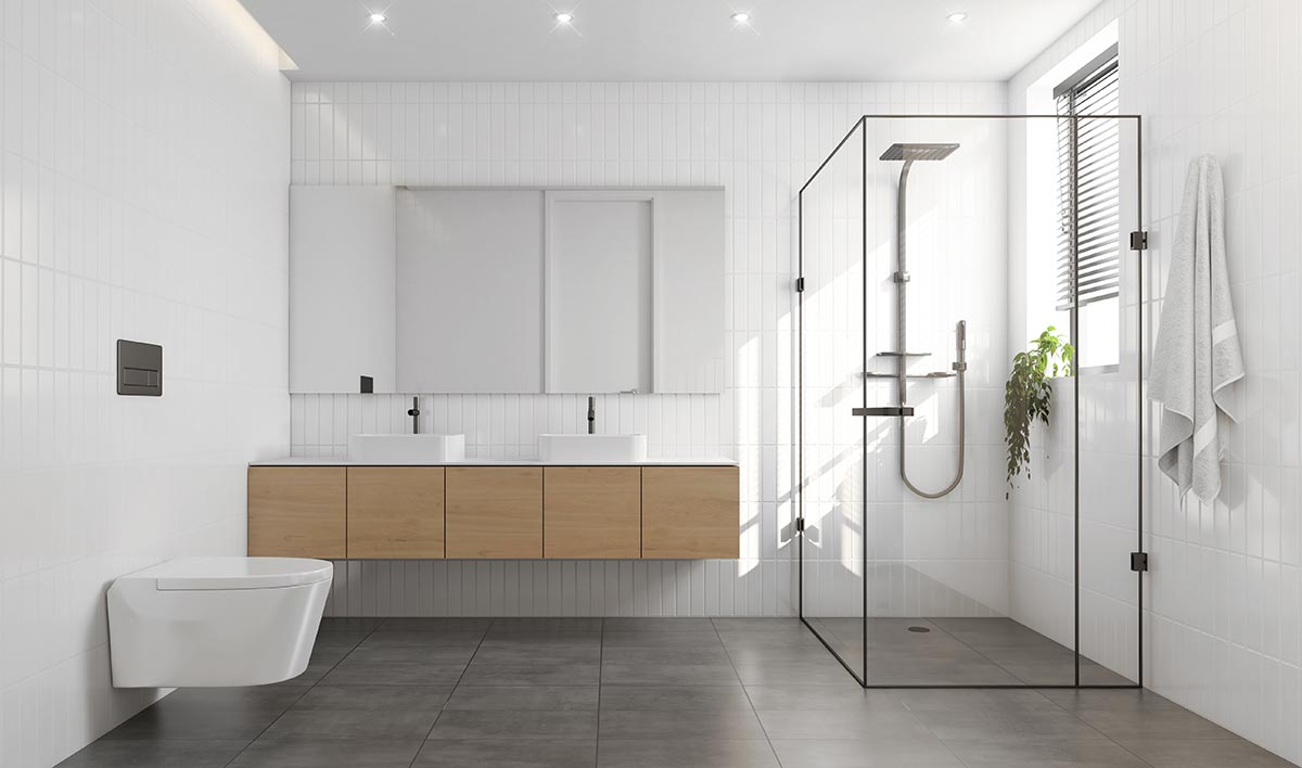 Bagno moderno bianco con mobile sospeso in legno e cabina doccia in vetro trasparente.