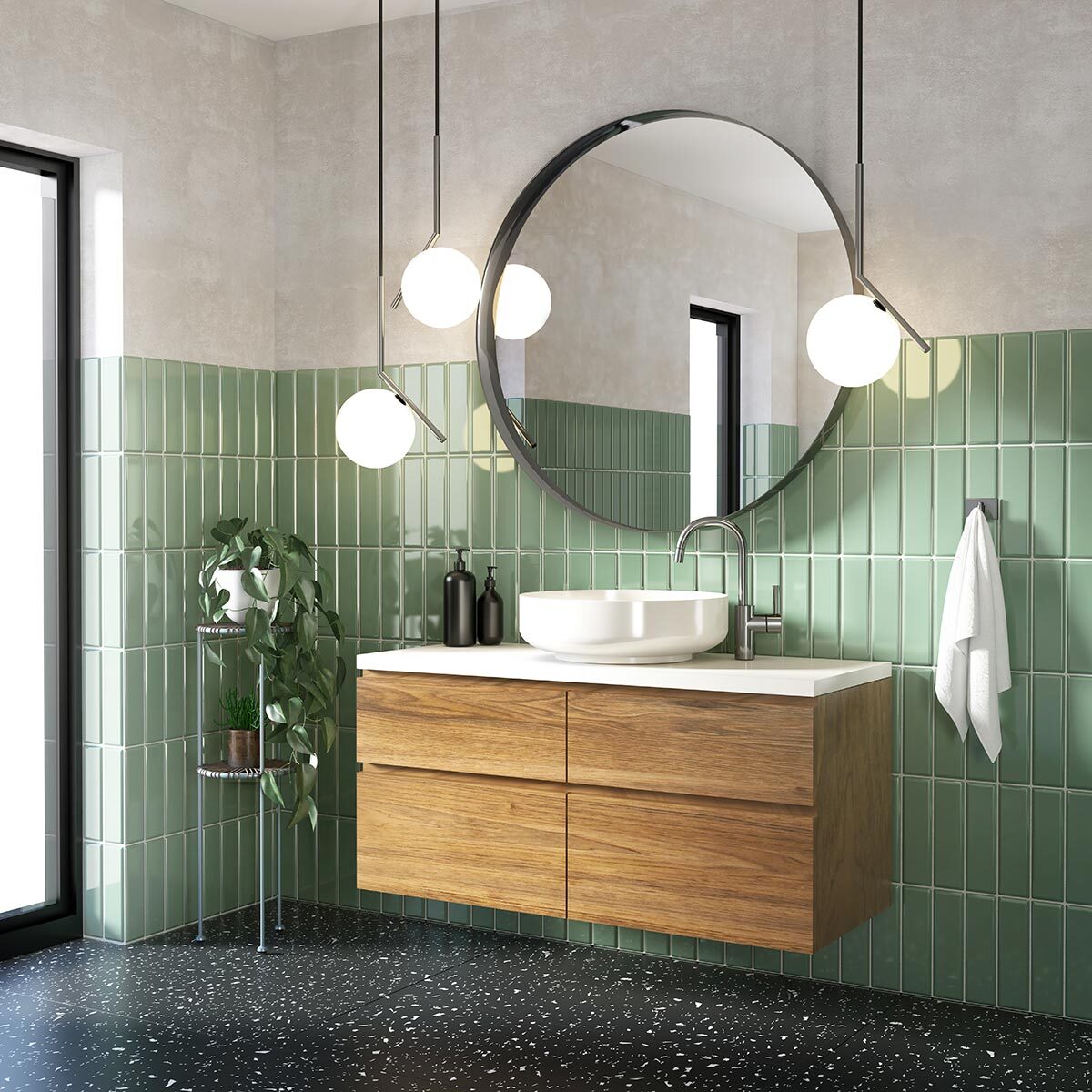 Bagno contemporaneo con pavimento nero e piastrelle verde vintage.