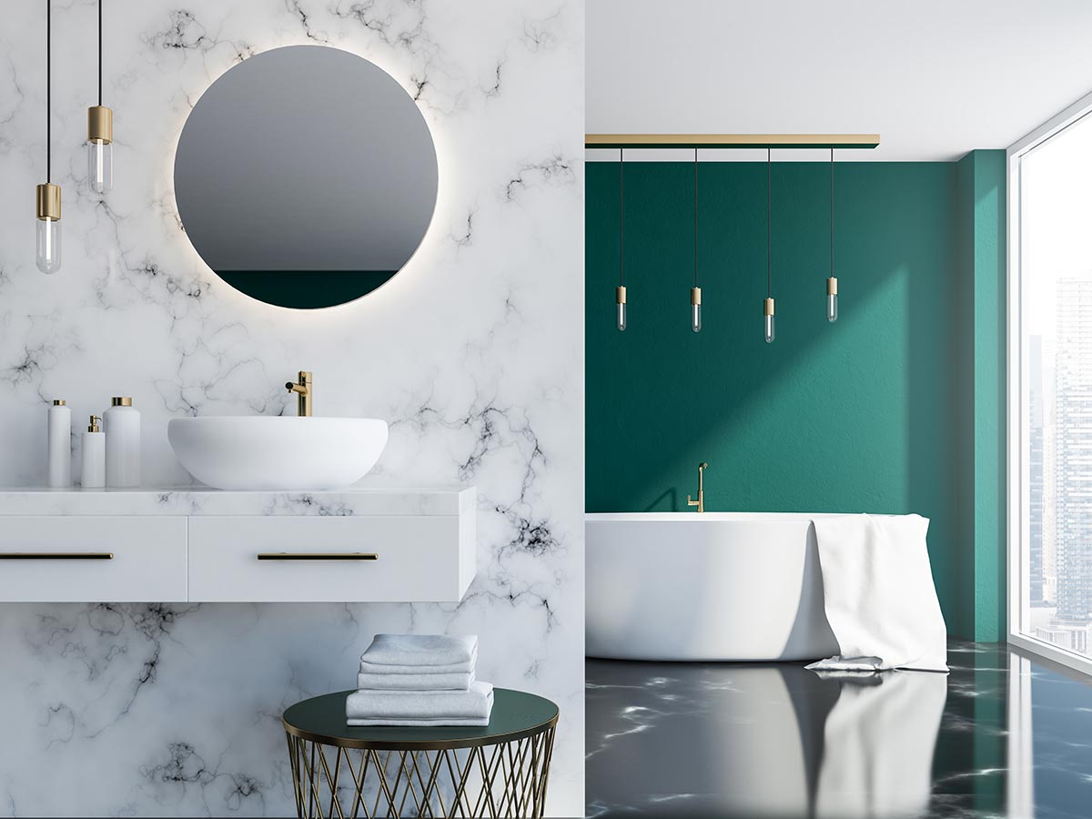 Bagno moderno con parete in marmo.