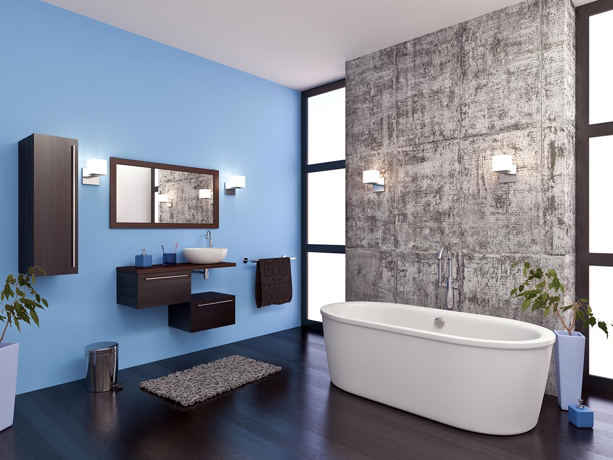 Bagno contemporaneo grigio e celeste.