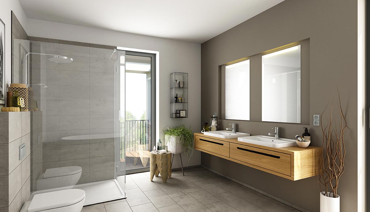 Bagno moderno con mobile lavabo in legno sospeso, doccia con vetro trasparente, parete tortora e bianco, ideale per un stile di arredamento moderno.