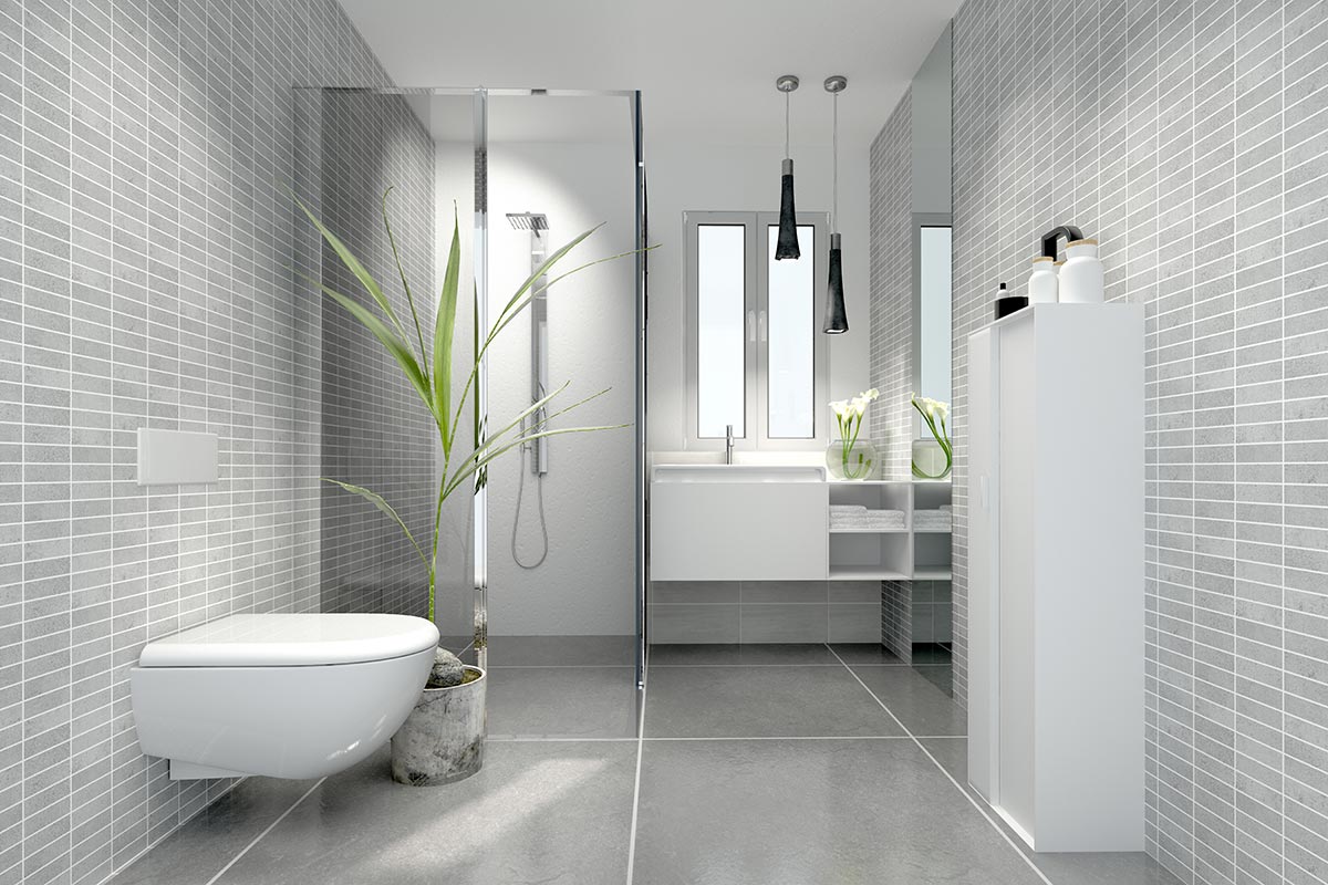 Bagno moderno con rivestimento murale effetto mosaico grigio chiaro e mobili bianchi.