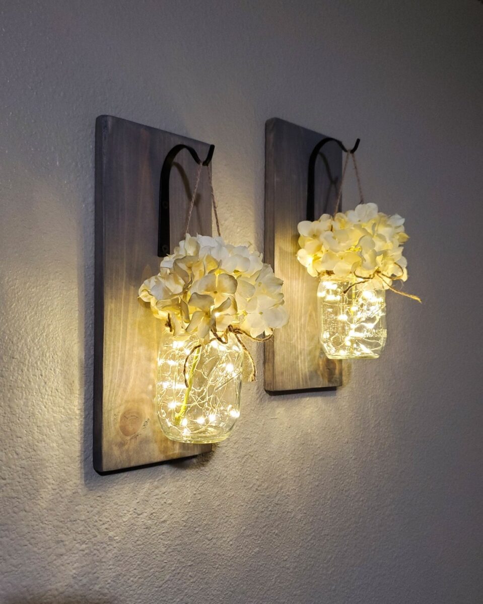 Set di 2 mason jar wall hanging decor con luci arredamento image 0